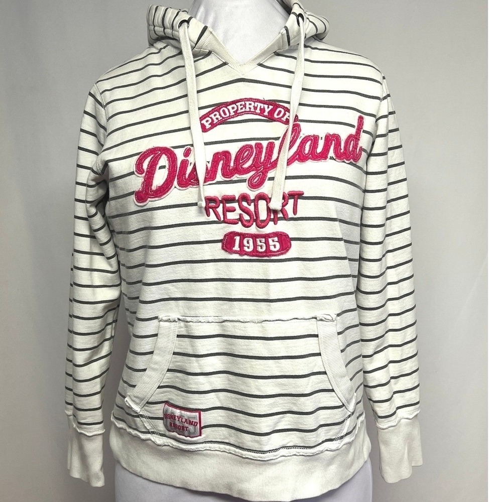 Disney Parks Disneyland Resort Striped Hoodie Pink Chenille Logo White Large